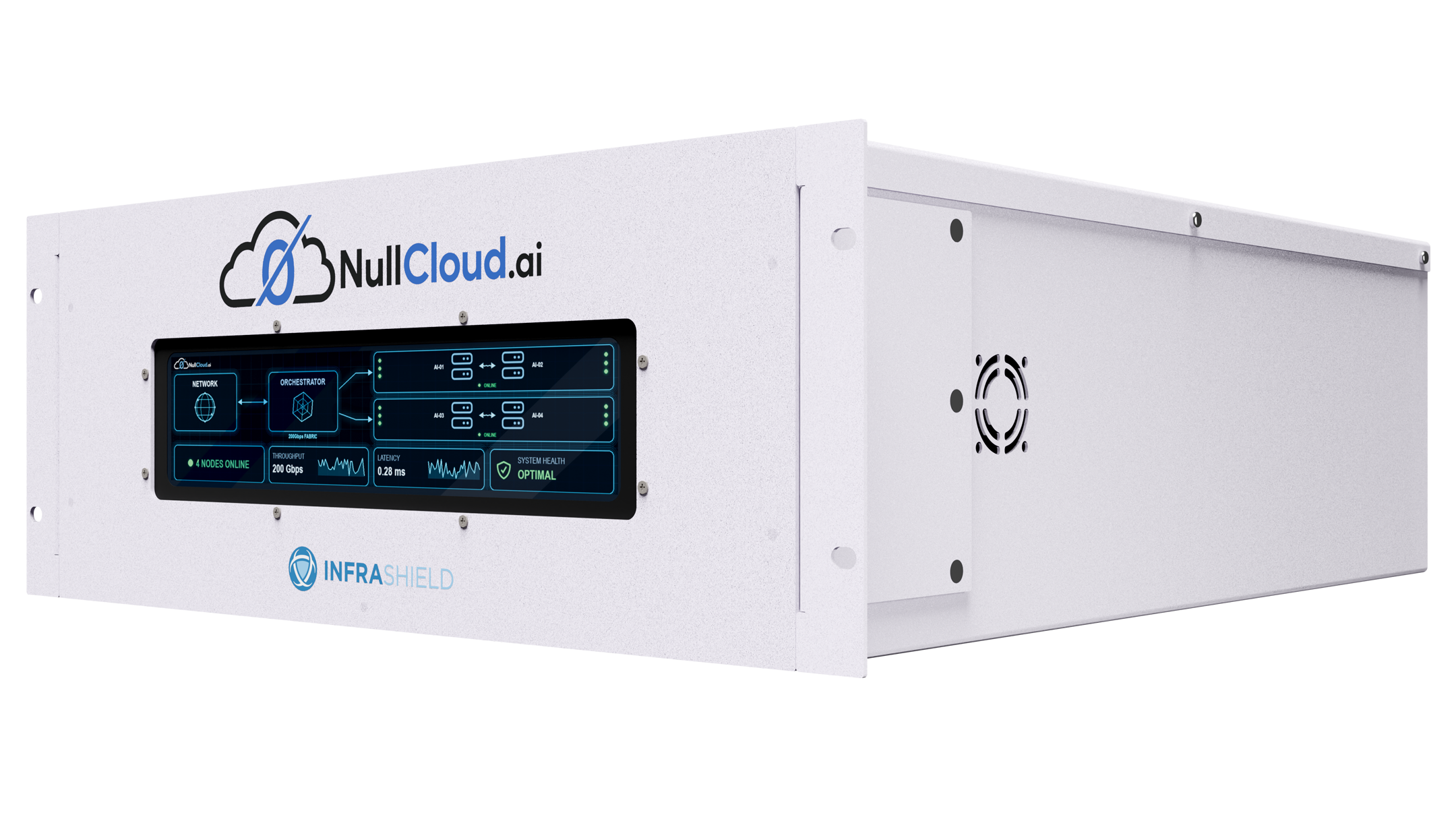 InfraShield NullCloud.ai 4U appliance, three-quarter side view